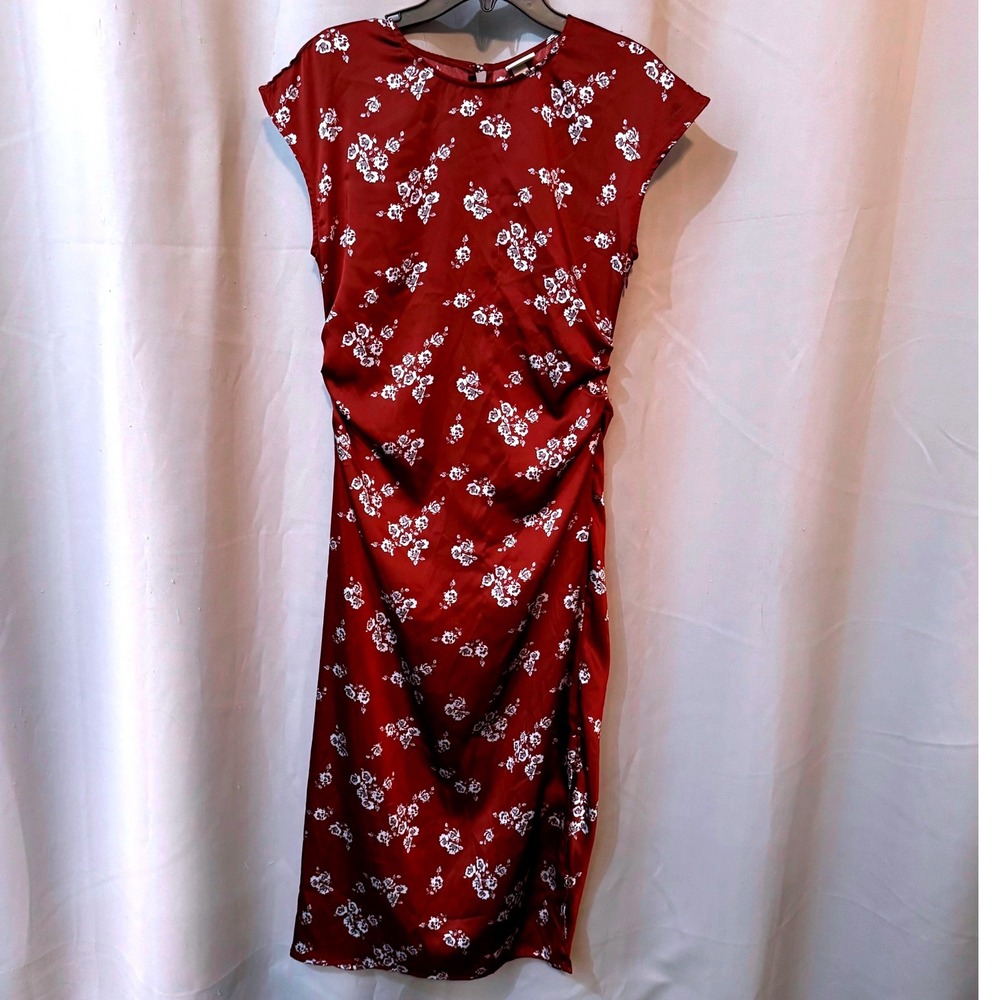 A New Day Women Small Burgundy Floral Ruched Satin Midi Dress Red Sleeveless NEW
